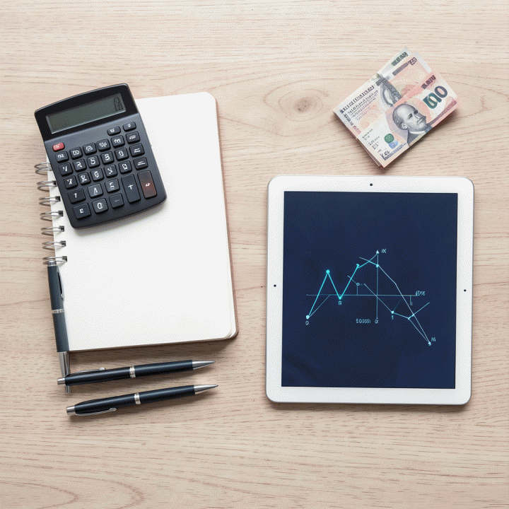 Tampilan atas (flat lay) peralatan bisnis seperti kalkulator, buku catatan, dan uang tunai yang tersusun rapi, melambangkan perhitungan HPP yang sistematis.