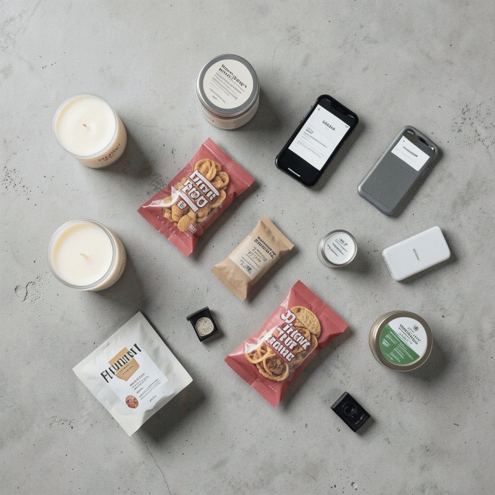 Tampilan datar (flat lay) berbagai produk e-commerce yang ditata apik di atas latar belakang tekstur netral, menunjukkan variasi dan profesionalisme.
