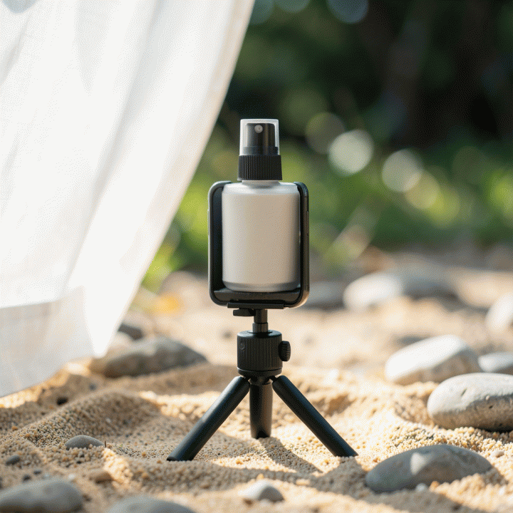 Pengaturan fotografi produk e-commerce sederhana di luar ruangan menggunakan smartphone, menekankan pencahayaan alami dan properti minimalis.