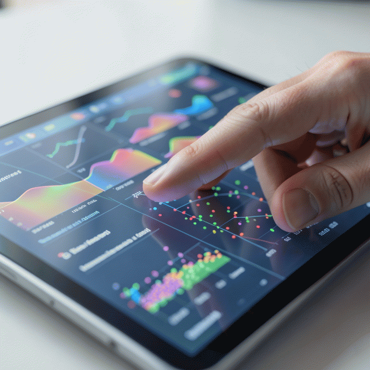 Jari menunjuk pada visualisasi data abstrak di tablet, menunjukkan penemuan insight strategis dari data yang kompleks.