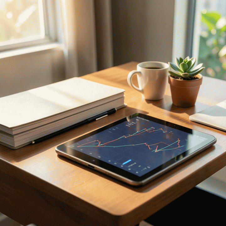 Meja kerja yang rapi dengan buku catatan dan tablet yang menampilkan grafik keuangan abstrak, melambangkan perencanaan keuangan yang terstruktur dan terkontrol.