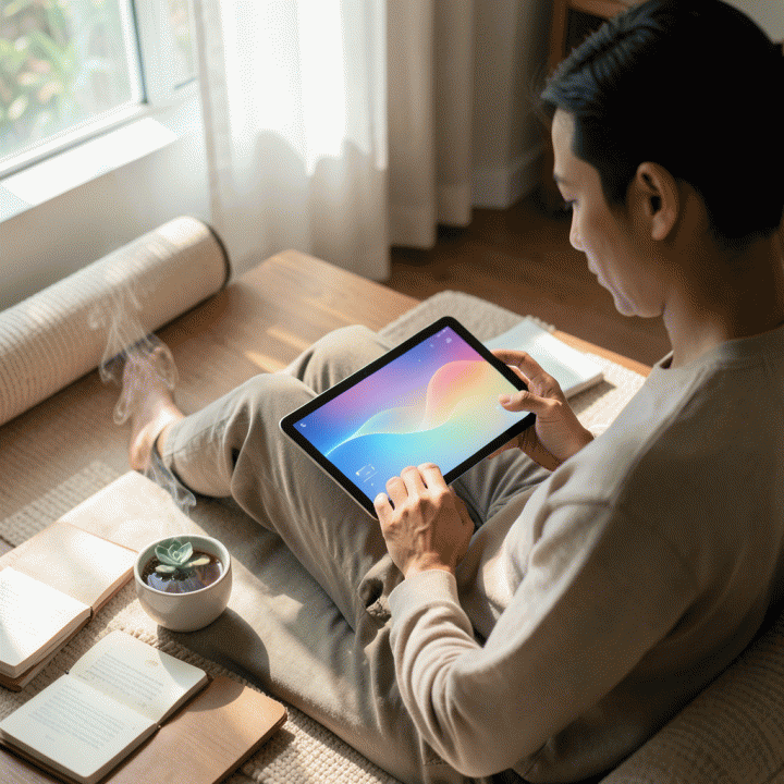Seorang individu sedang menggunakan tablet minimalis di ruangan yang nyaman, melambangkan proses menenangkan dan mengatur pikiran berantakan dengan bantuan teknologi AI.
