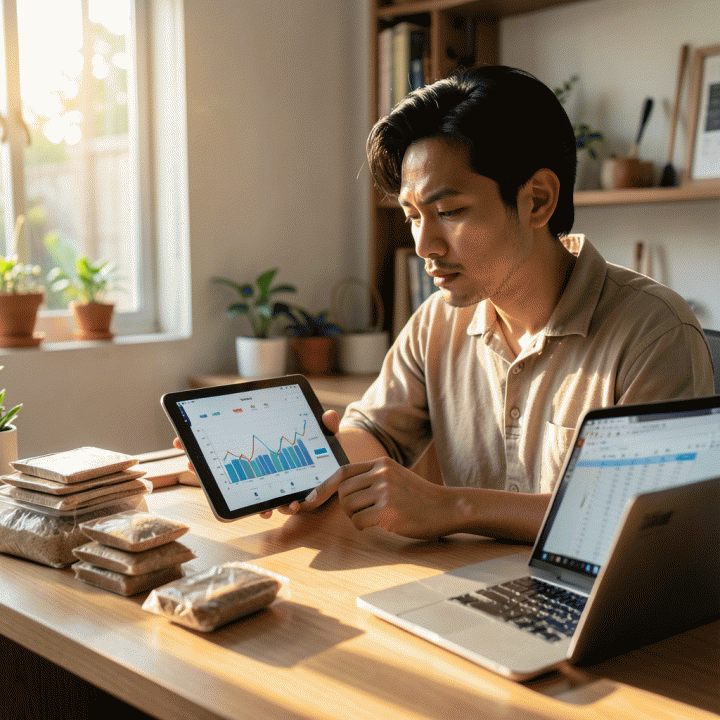 Seorang pemilik UMKM Indonesia yang sedang merencanakan strategi harga di meja kerja modern, dengan visualisasi data keuangan yang membantu menentukan profitabilitas.