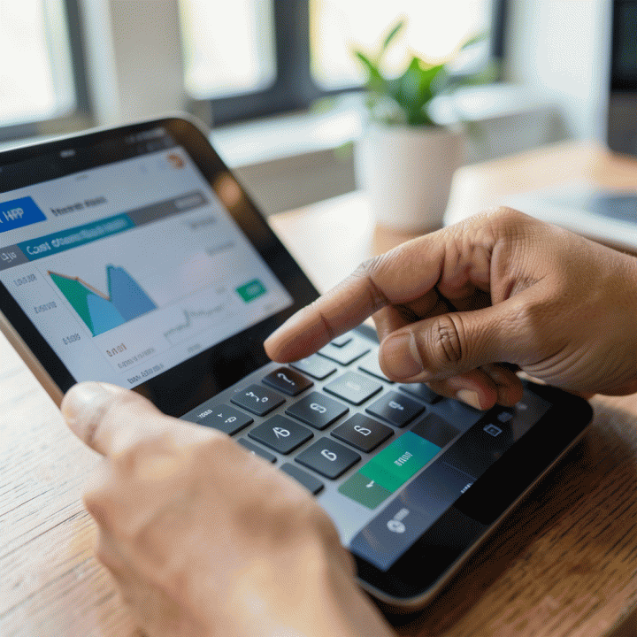 Tangan yang fokus menghitung harga pokok penjualan (HPP) menggunakan kalkulator digital, menunjukkan akurasi dalam bisnis kecil.