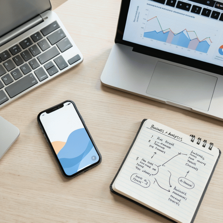 Berbagai alat bantu seperti smartphone dan laptop yang menampilkan data analitik, menunjukkan proses perencanaan bisnis.