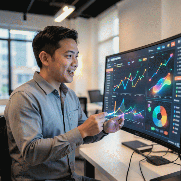 Seorang pria profesional muda di Indonesia menganalisis dashboard data penjualan e-commerce yang abstrak dan penuh warna, menunjukkan proses analisis data untuk optimasi bisnis.