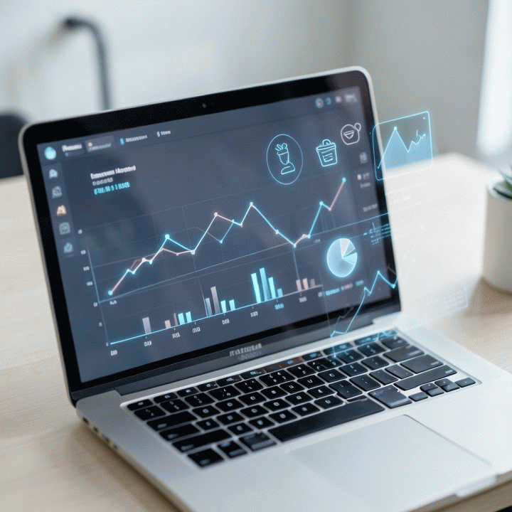 Tampilan data analitik abstrak di layar laptop yang menunjukkan tren penjualan dan optimasi bisnis.