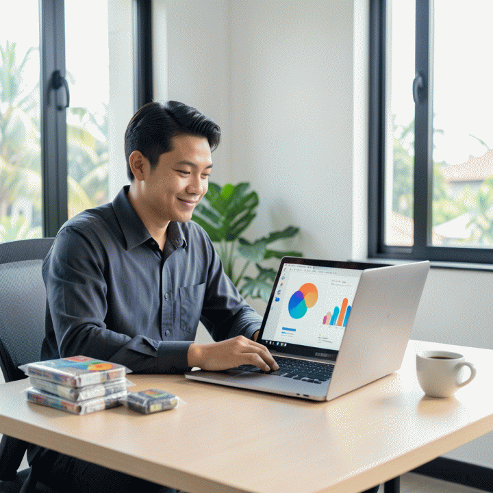 Seorang penjual e-commerce profesional di Indonesia yang sedang menganalisis data bisnis di laptop, melambangkan optimasi toko online.