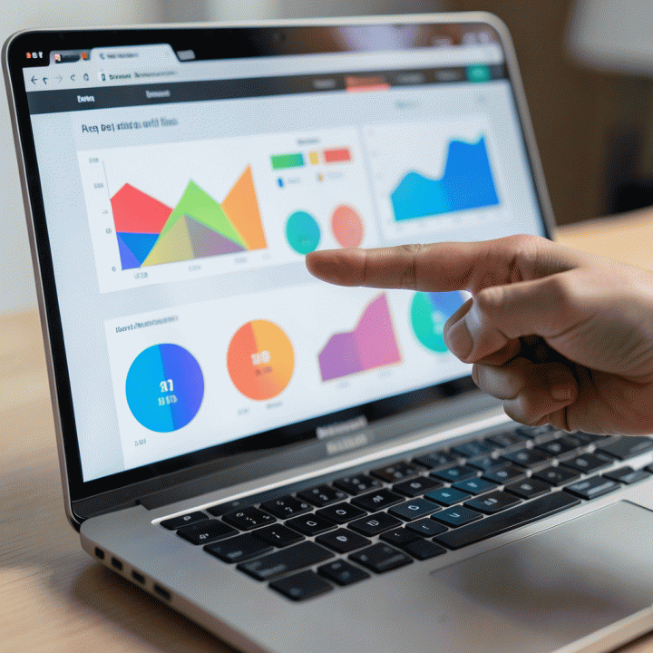 Tangan menunjuk ke dashboard analitik data yang kompleks dan berwarna pada layar laptop, menunjukkan analisis bisnis.