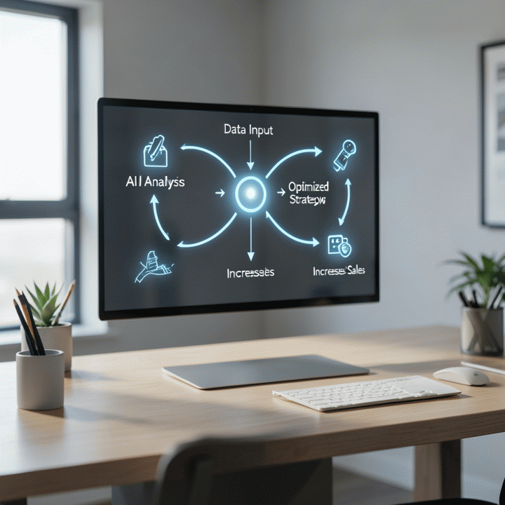 Diagram alir proses optimasi bisnis yang sederhana dan abstrak, menunjukkan langkah-langkah menggunakan data.