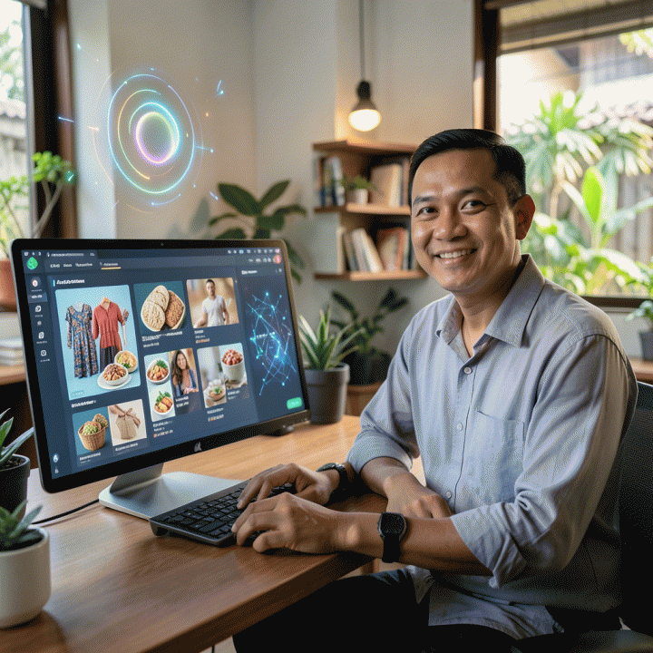 Seorang pemilik UMKM Indonesia yang tampak percaya diri menggunakan alat AI canggih di meja kerjanya, menunjukkan visualisasi konten iklan produk yang beragam dan siap digunakan.