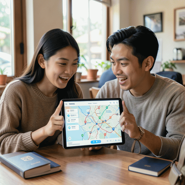 Pasangan muda Indonesia melihat rencana perjalanan yang terstruktur dan menarik di tablet di kafe yang cerah, melambangkan perencanaan perjalanan yang efisien.