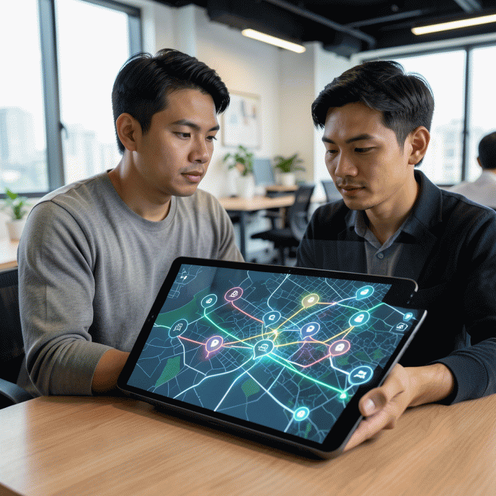 Seseorang melihat peta perjalanan yang dioptimalkan dan terstruktur di tablet, menunjukkan kemudahan merencanakan rute.