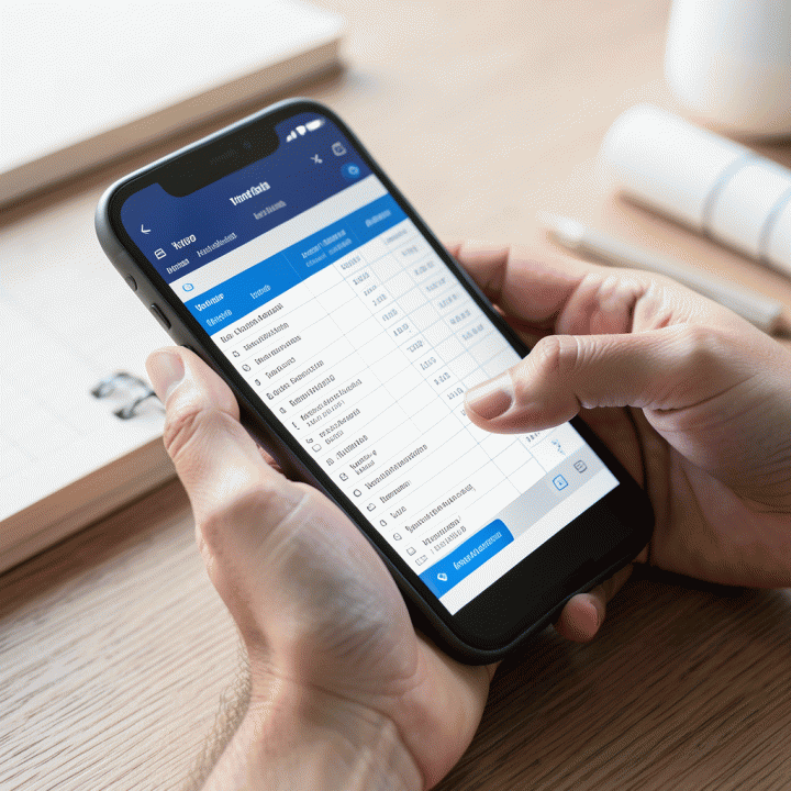 Tangan memasukkan data perencanaan perjalanan ke dalam antarmuka spreadsheet digital di ponsel, menunjukkan proses perencanaan yang terstruktur.