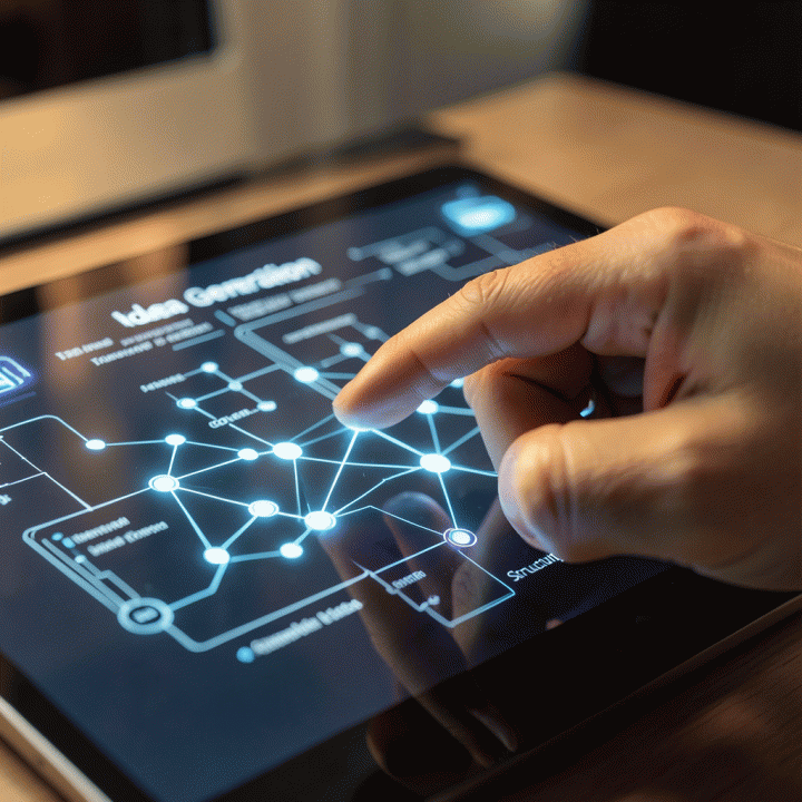 Tangan yang berinteraksi dengan antarmuka AI futuristik, menunjukkan proses pengembangan dan penyusunan ide bisnis yang terstruktur.
