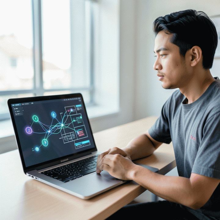 Seorang founder muda Indonesia di ruang kerja modern, melihat laptop yang menampilkan visualisasi AI yang mengubah ide mentah menjadi rencana bisnis digital yang terstruktur.