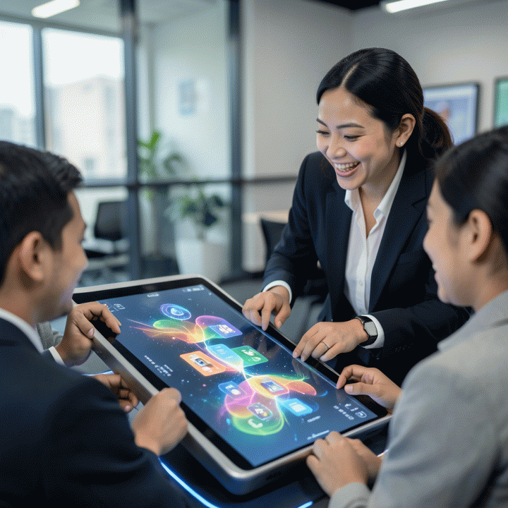 Guru memandu siswa di stasiun belajar interaktif futuristik, menunjukkan kemudahan membuat materi ajar dengan AI.