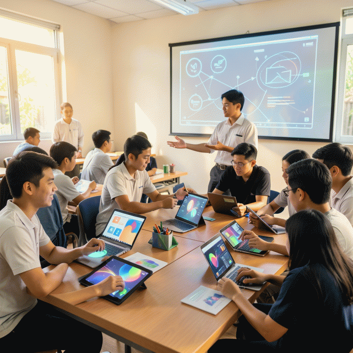 Siswa-siswi Indonesia yang antusias mengikuti sesi belajar imersif dan interaktif di kelas modern, menggunakan berbagai alat digital untuk kolaborasi.