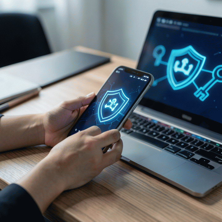 Tangan yang menggunakan smartphone dan laptop di atas meja kayu modern, dengan layar menampilkan simbol-simbol digital abstrak keamanan data yang bersinar biru, melambangkan manajemen sandi yang aman.