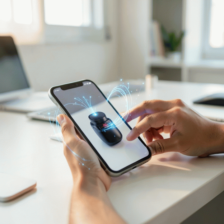 Tangan seorang pemilik UMKM di meja kerja modern, menggunakan smartphone untuk mengubah foto produk e-commerce beresolusi rendah yang buram menjadi gambar produk yang sangat tajam dan profesional menggunakan teknologi AI.