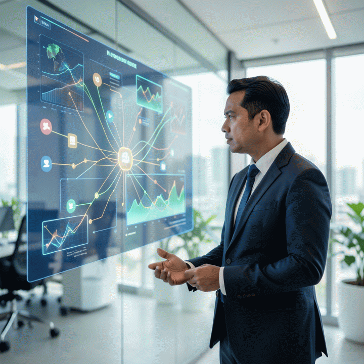 Seorang manajer pemasaran profesional sedang melihat visualisasi data media mix yang teroptimasi dan terstruktur di layar digital futuristik, melambangkan perencanaan iklan yang cerdas.