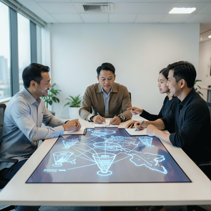 Tim profesional yang berkolaborasi di sekitar visualisasi peta marketing digital, merencanakan strategi bauran iklan.