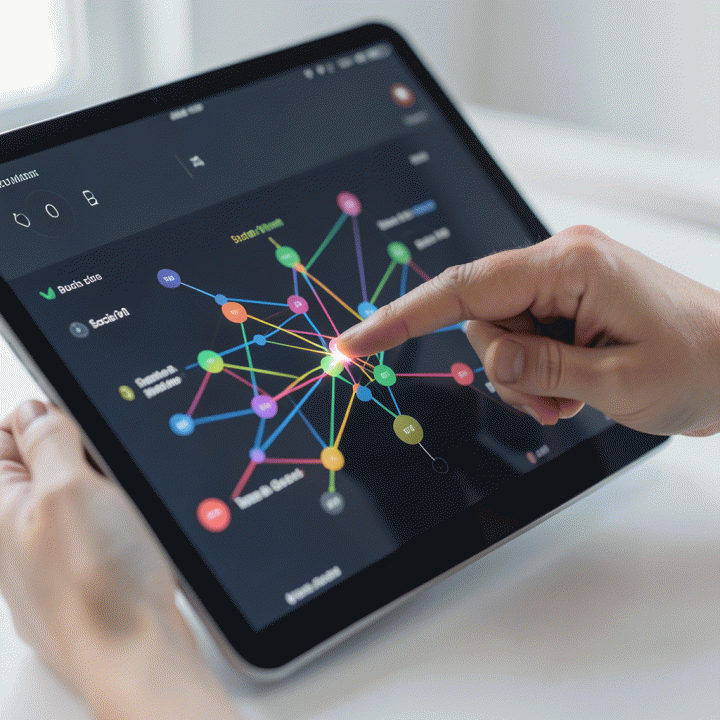 Tangan profesional yang sedang menyesuaikan alokasi anggaran di antarmuka tablet digital, menunjukkan optimasi bauran iklan.
