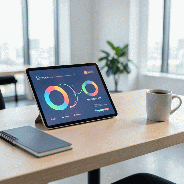 Visualisasi dashboard data pemasaran di tablet yang menunjukkan alokasi anggaran iklan yang seimbang dan teroptimasi.
