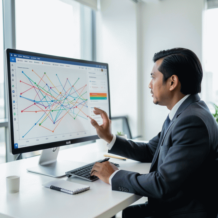 Seorang manajer pemasaran profesional sedang menganalisis dashboard data media mix yang kompleks dan terintegrasi di meja kerjanya, menunjukkan perencanaan strategi anggaran yang mendalam.