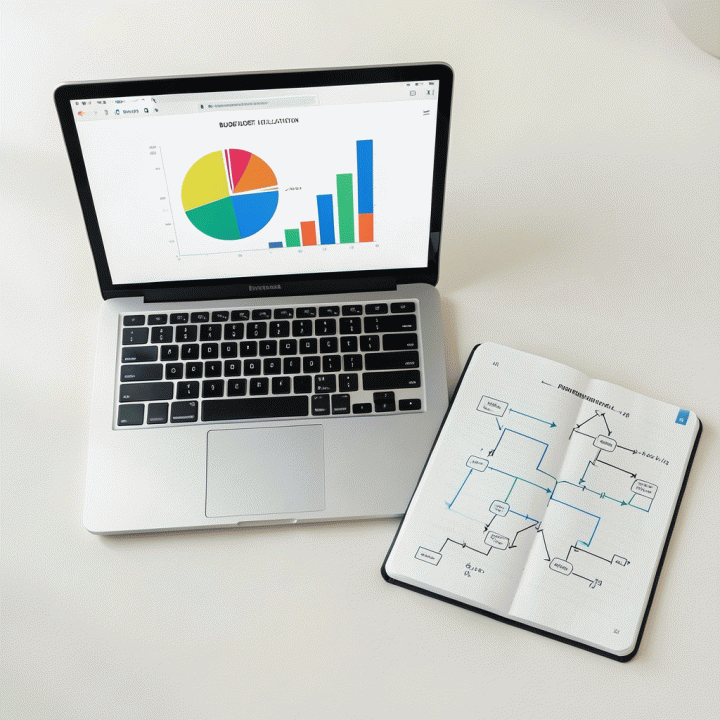 Tampilan atas meja kerja yang berisi laptop dengan visualisasi alokasi anggaran digital dan buku catatan yang berisi diagram perencanaan strategis.