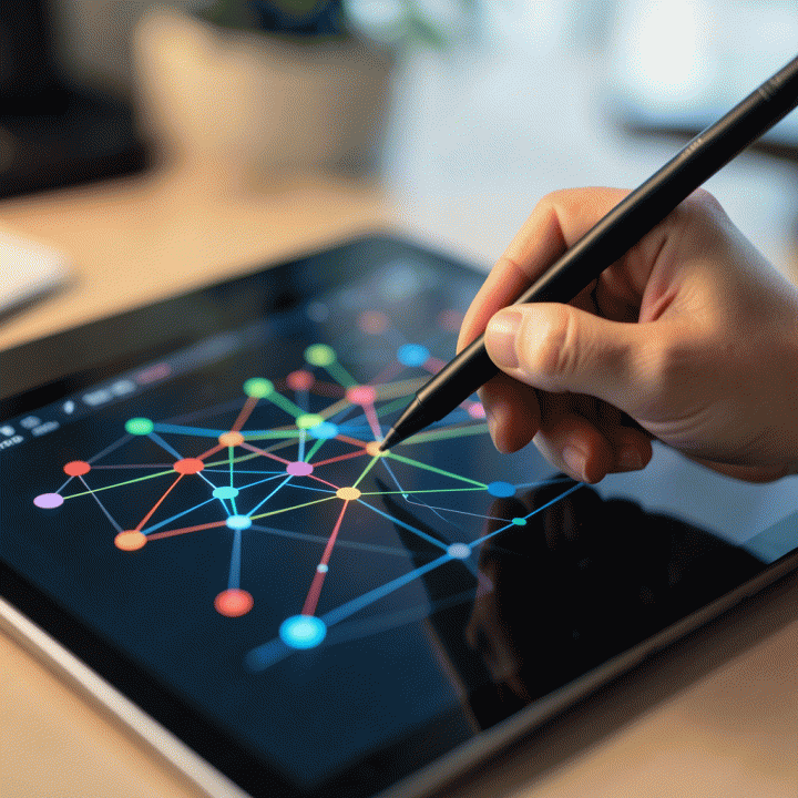 Tangan profesional yang sedang menyesuaikan model media mix digital yang kompleks pada tablet, melambangkan optimalisasi anggaran.