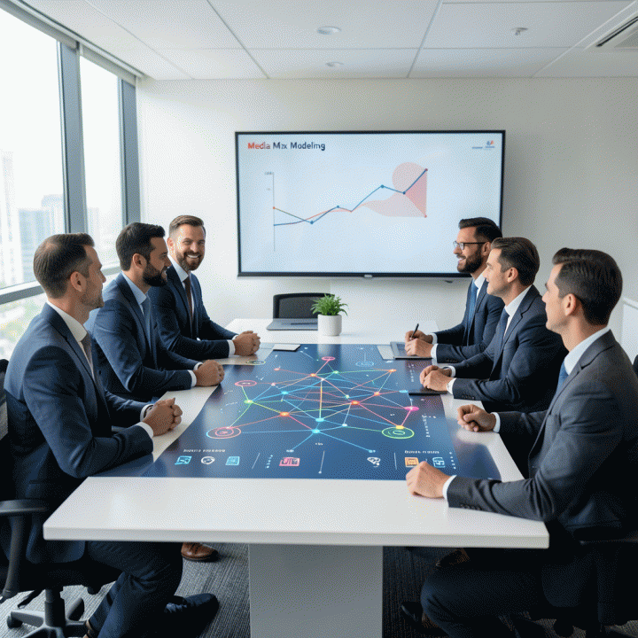 Visualisasi dashboard digital yang kompleks dan profesional di meja rapat, menunjukkan alokasi anggaran iklan yang teroptimasi di berbagai saluran media digital.