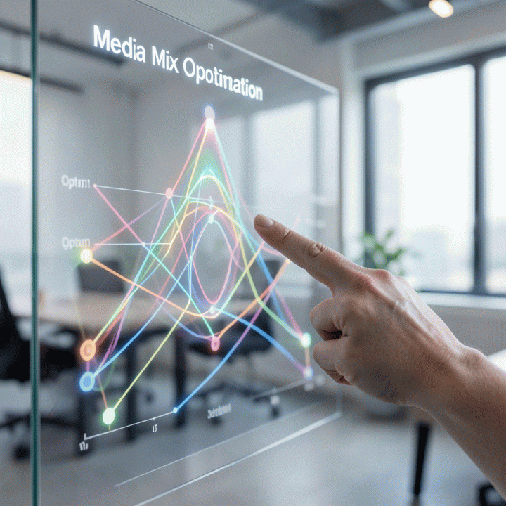 Tangan menunjuk ke grafik digital abstrak yang menunjukkan optimasi bauran media iklan, menandakan peningkatan ROI.