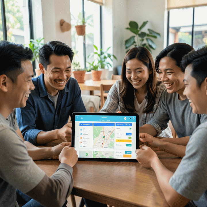 Kelompok teman Indonesia yang ceria berdiskusi dan merencanakan perjalanan kelompok menggunakan tablet modern di kafe yang terang.