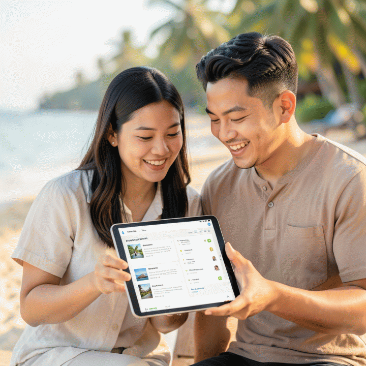 Pasangan muda Indonesia melihat rencana perjalanan yang terstruktur dan indah di tablet, di latar belakang suasana liburan tropis yang cerah.