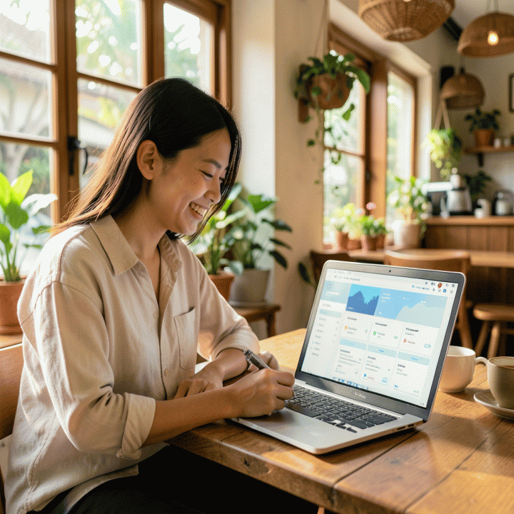 Seseorang bekerja di kafe dengan laptop, fokus pada perencanaan perjalanan yang terorganisir.