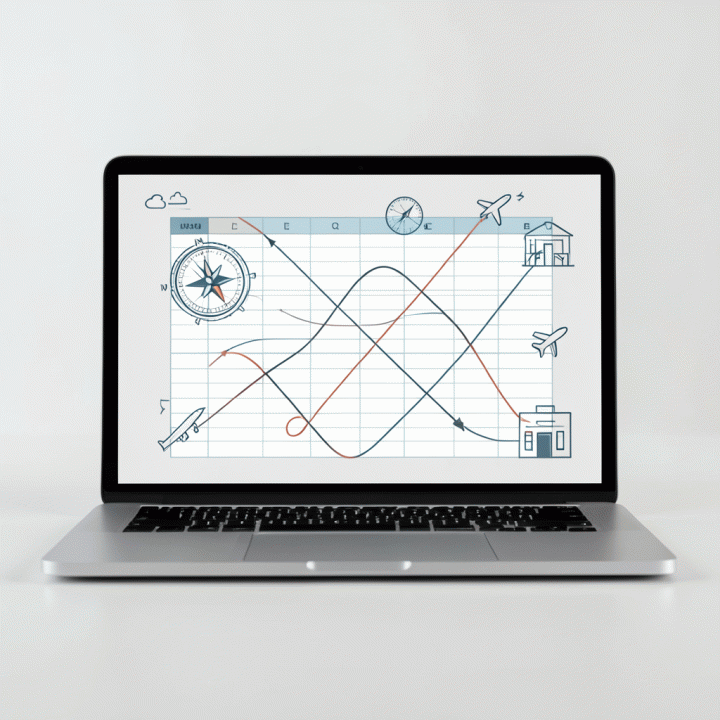 Visualisasi abstrak spreadsheet perencanaan perjalanan di laptop, menunjukkan struktur data dan ikon perjalanan.