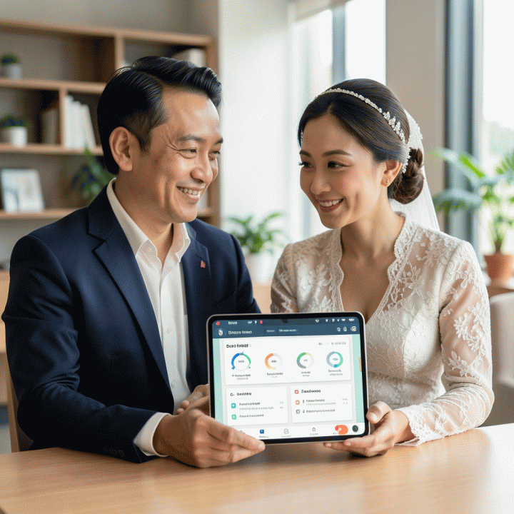 Pasangan pengantin Indonesia yang tenang dan bahagia melihat dashboard perencanaan pernikahan digital yang terorganisir di tablet, melambangkan perencanaan anti-stres.