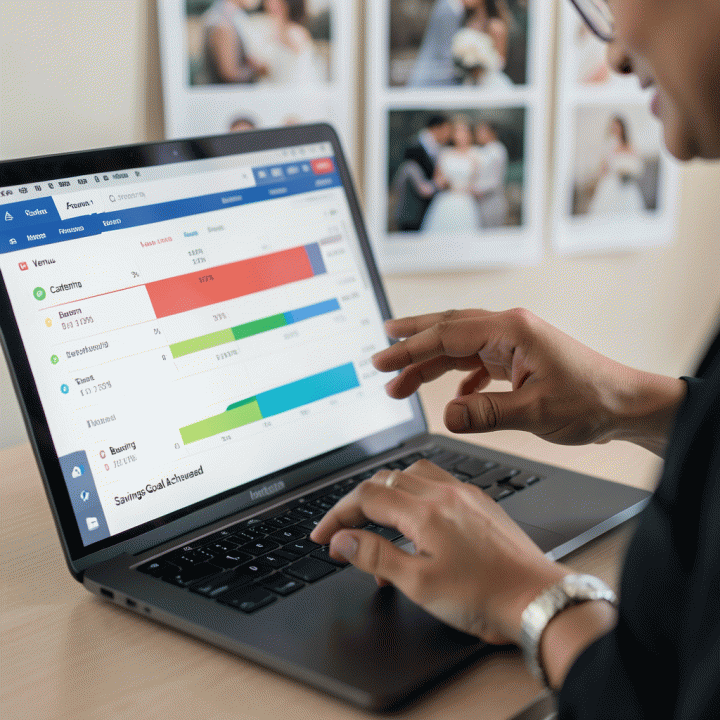 Tampilan close-up dashboard anggaran pernikahan di laptop yang menunjukkan kontrol keuangan yang rapi dan terperinci.
