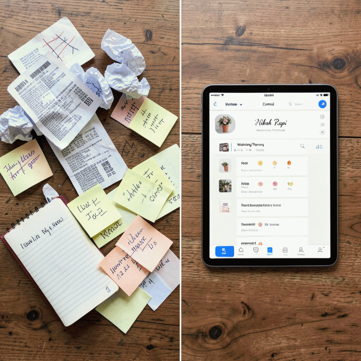 Perbandingan visual antara perencanaan pernikahan yang berantakan (kertas berserakan) dan perencanaan yang terorganisir dalam satu dashboard digital.