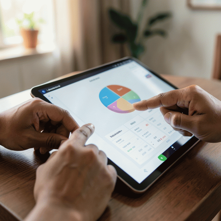 Close-up tangan pasangan yang menunjukkan fitur pelacakan anggaran yang terorganisir di tablet.
