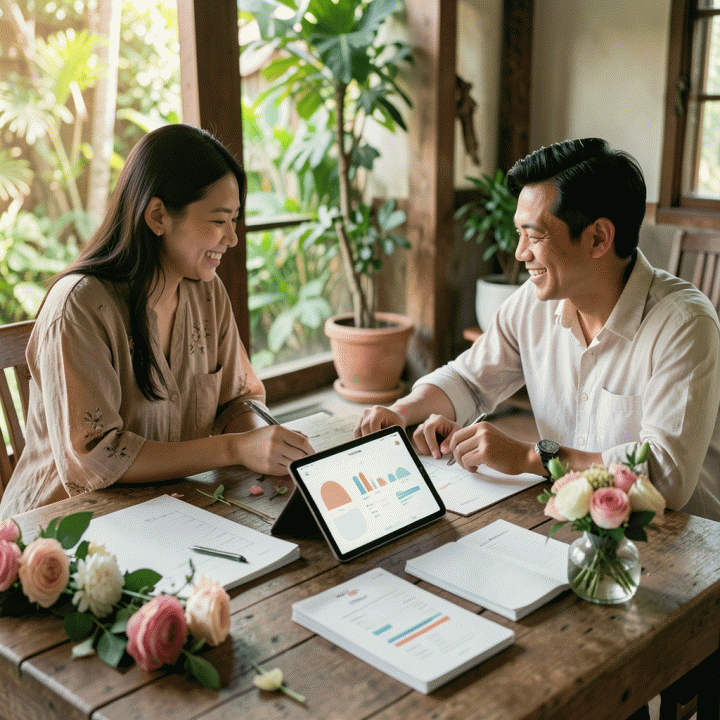 Pasangan pengantin Indonesia yang tampak tenang dan bahagia sedang merencanakan pernikahan di meja kayu yang rapi, menggunakan tablet digital yang menampilkan antarmuka perencanaan yang terorganisir.