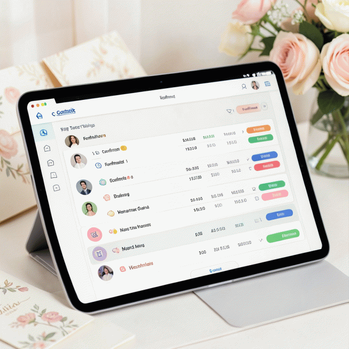Tampilan antarmuka digital yang menunjukkan pengelolaan data tamu dan konfirmasi kehadiran (RSVP) yang sistematis.
