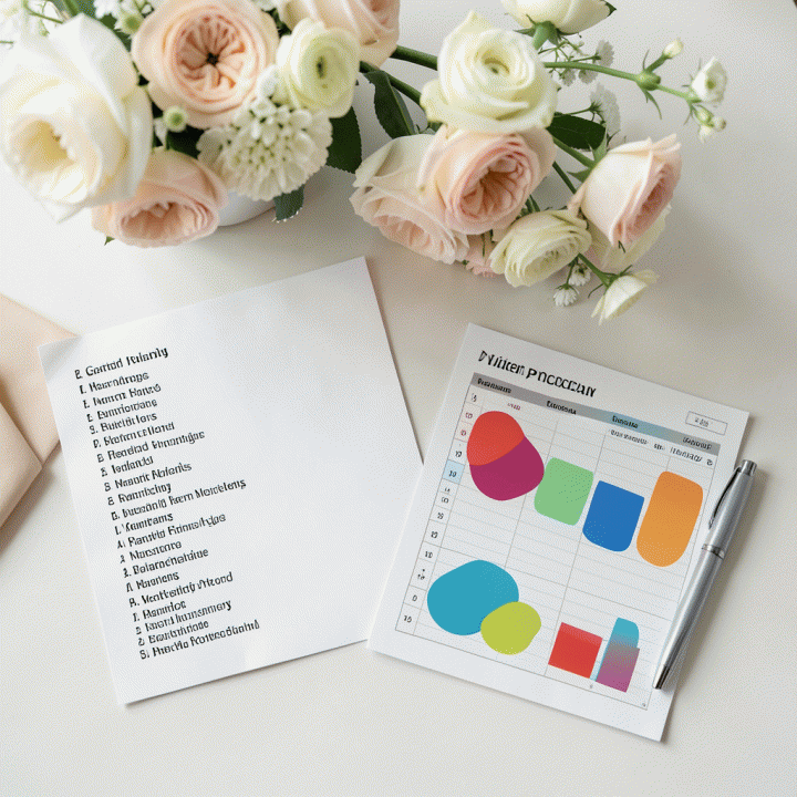 Flat lay perencanaan pernikahan yang rapi, menampilkan elemen anggaran dan daftar tamu yang terorganisir, melambangkan kontrol persiapan.