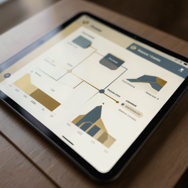 Tampilan antarmuka digital yang terorganisir dan elegan pada tablet, menunjukkan pelacakan anggaran pernikahan yang rapi dan terkontrol.