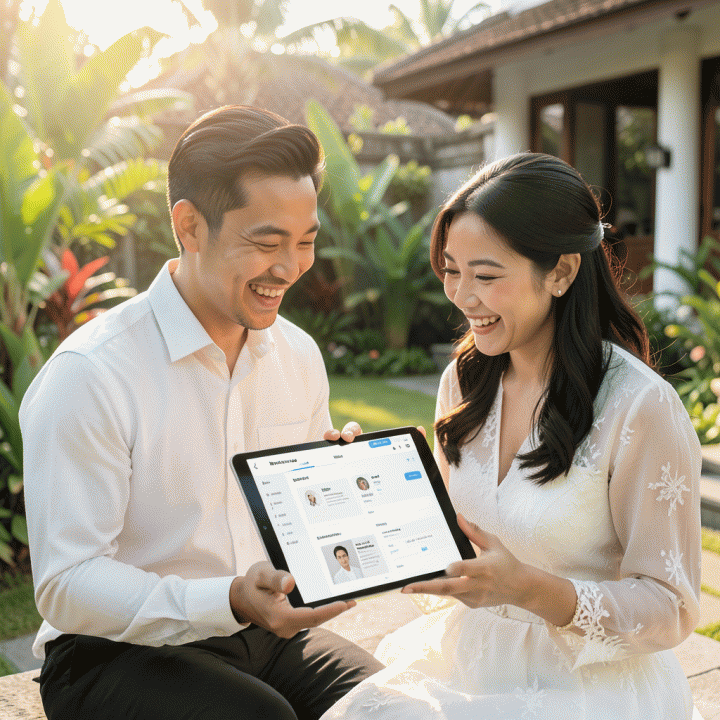 Pasangan pengantin muda Indonesia yang tersenyum bahagia saat meninjau rencana pernikahan yang terorganisir di tablet di taman yang indah dan tenang.