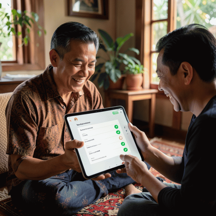 Pasangan yang santai mengelola daftar tamu pernikahan yang terorganisir di perangkat digital, menunjukkan kemudahan koordinasi data tamu.