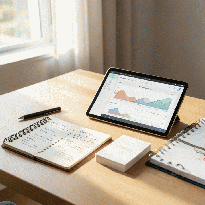 Meja kerja perencanaan pernikahan yang rapi dan terorganisir, menampilkan buku catatan, tablet dashboard anggaran, dan kartu RSVP, menciptakan suasana tenang dan terkontrol.