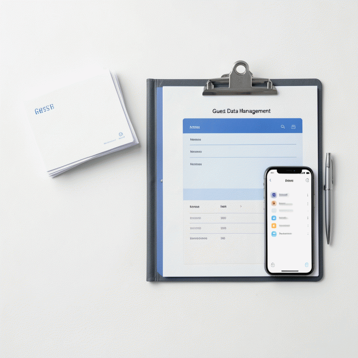 Tampilan atas (flat lay) alat dan materi yang rapi untuk manajemen data tamu pernikahan, termasuk kartu RSVP dan binder data.