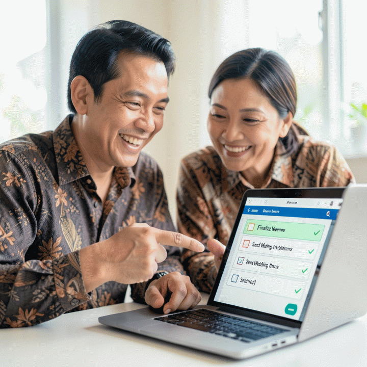 Pasangan pengantin tersenyum melihat checklist tugas yang sudah tercentang di laptop, menandakan kemajuan perencanaan pernikahan.